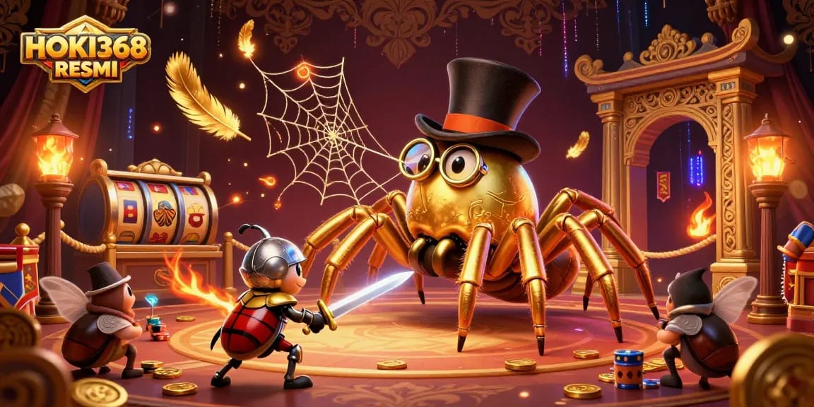 HOKI368 RESMI offers a thrilling scene with a giant tarantula, beetle knight, and slot elements, enhancing the casino experience.