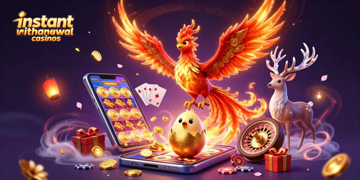 Play at instant withdrawal casinos featuring vibrant 3D phoenix, slot games, and gaming elements.