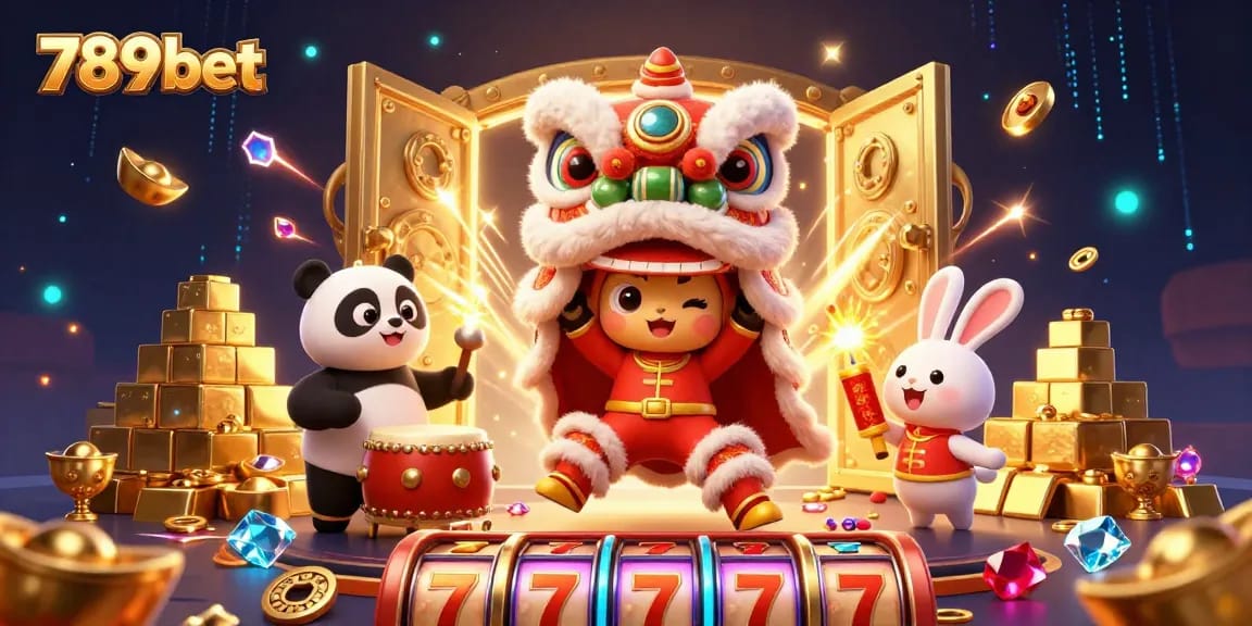 Play at 789bet and enjoy the lively casino scene with a lion dance, drumming panda, and riches abundant.