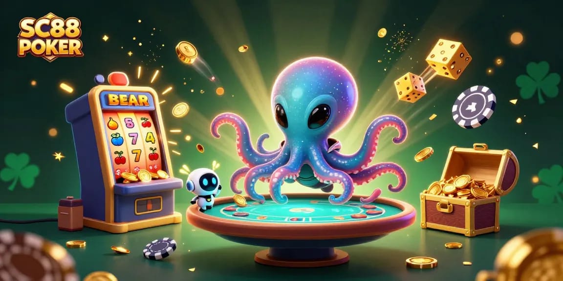 Experience SC88 POKER excitement as a vibrant alien octopus plays holographic poker amidst dynamic casino elements.