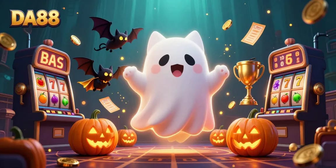DA88 offers a thrilling casino experience as a ghost cat interacts with vibrant slots and jackpots in this dynamic scene.