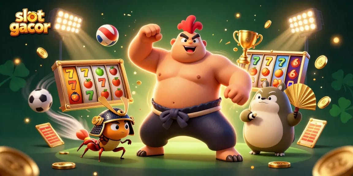 Engage in slot gacor action with a dynamic scene featuring a powerful sumo wrestler rooster and fierce cricket.