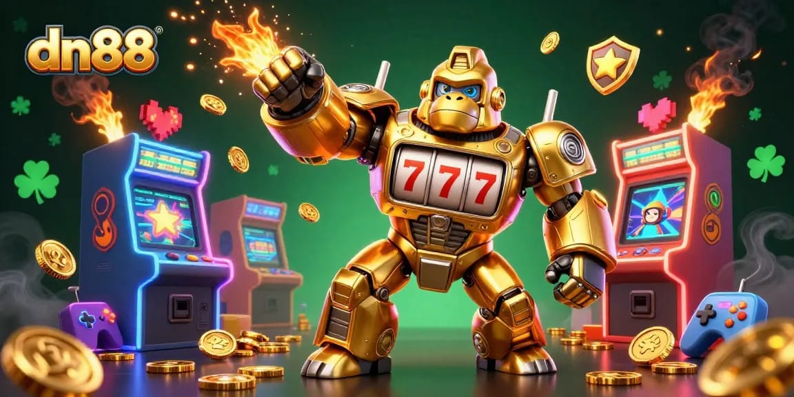 Engage with dn88's thrilling golden gorilla mech, symbolizing jackpot excitement in a vibrant casino game atmosphere.