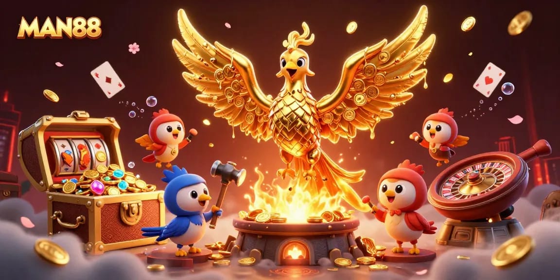 Experience thrilling gaming at MAN88 with a golden phoenix and lively casino elements