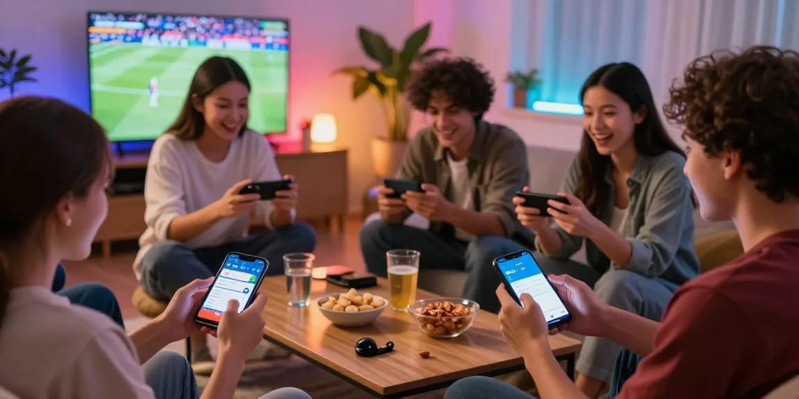 Excited friends enjoying a Winbox download gaming session in a cozy living room.
