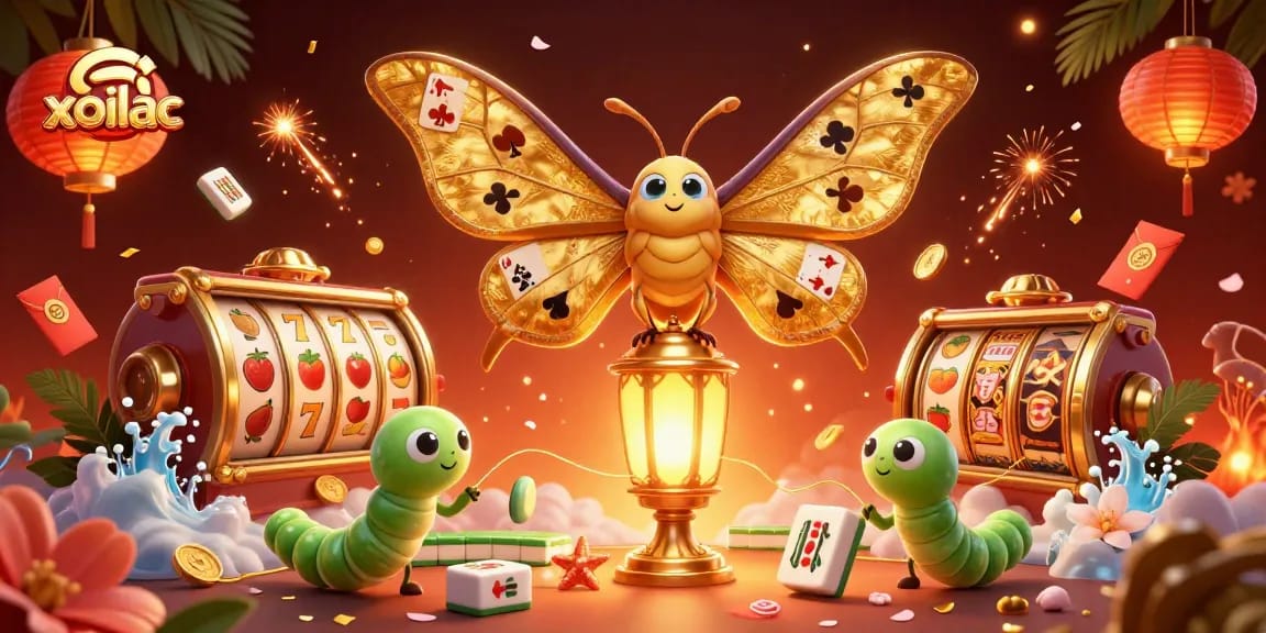 Experience the thrill of xoilac through vibrant casino scenes with a majestic moth and golden elements.