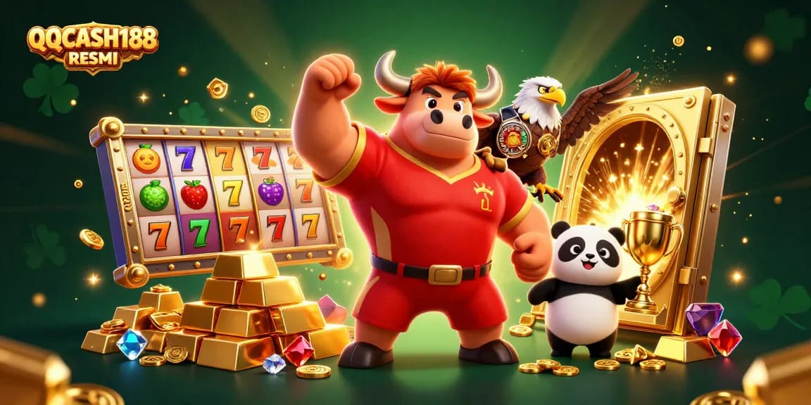 Engage with the thrilling world of QQCASH188 RESMI slots and winnings illustrated by a victorious bull, eagle, and panda.