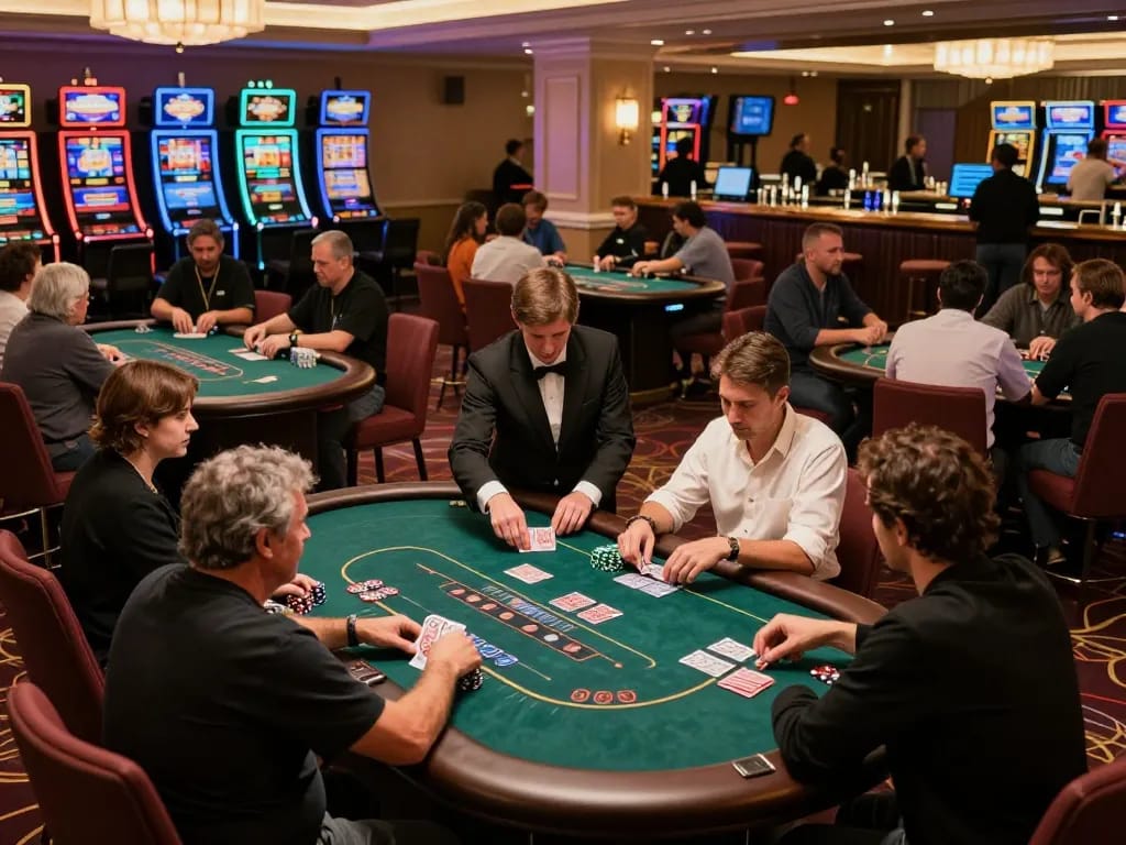 rikvip poker game in an upscale casino atmosphere with players and dealers in action