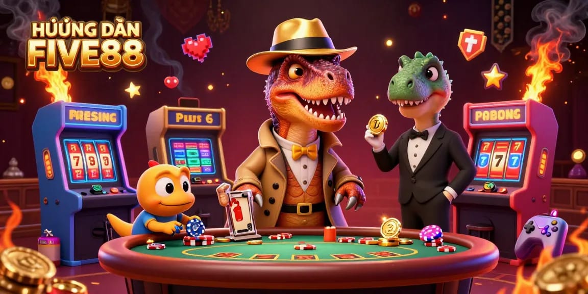 Experience HƯỚNG DẪN FIVE88 with a cartoon velociraptor at a blackjack table, surrounded by vibrant casino elements.