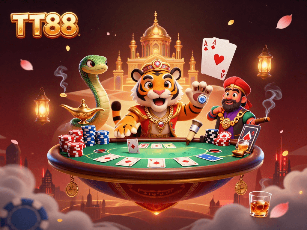 Experience the excitement of TT88 with a dynamic casino scene featuring colorful gambling elements.