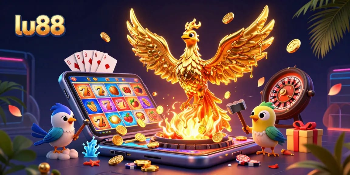 Experience the excitement of lu88 with a golden phoenix and vibrant casino games in a dynamic digital scene.