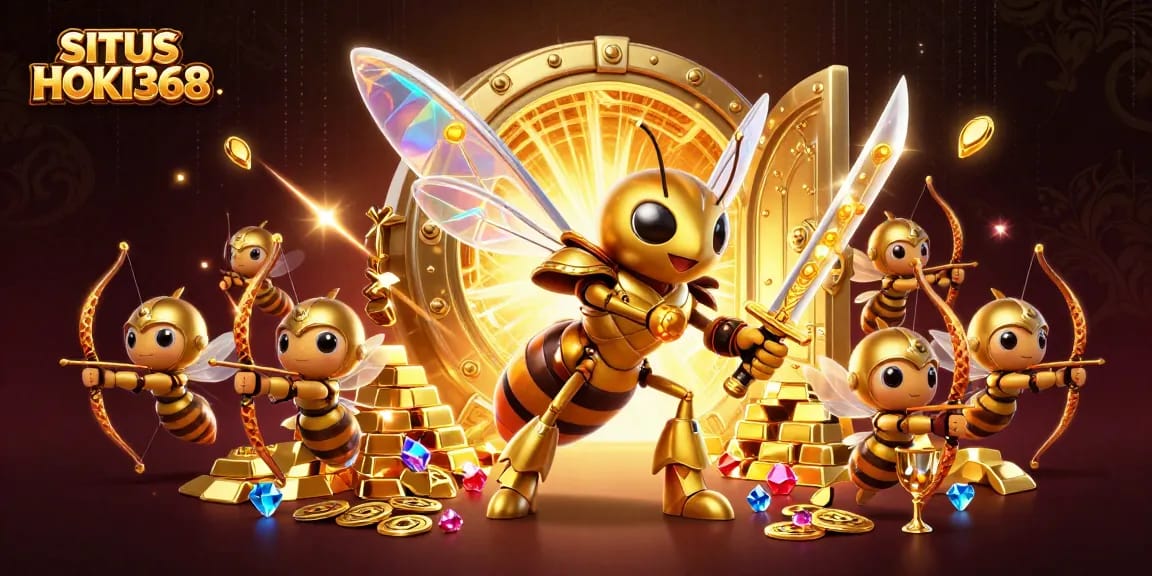 SITUS HOKI368 showcases a vibrant gambling scene with a golden hornet, katanas, and treasure elements.