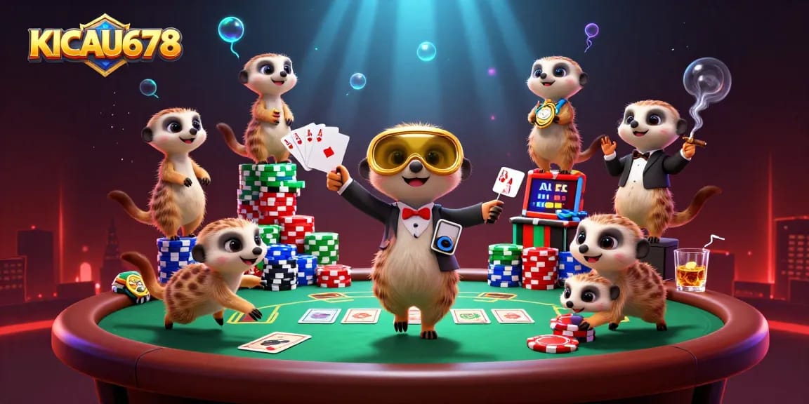 KICAU678 meerkats expertly managing a dynamic casino scene with poker elements and vibrant energy