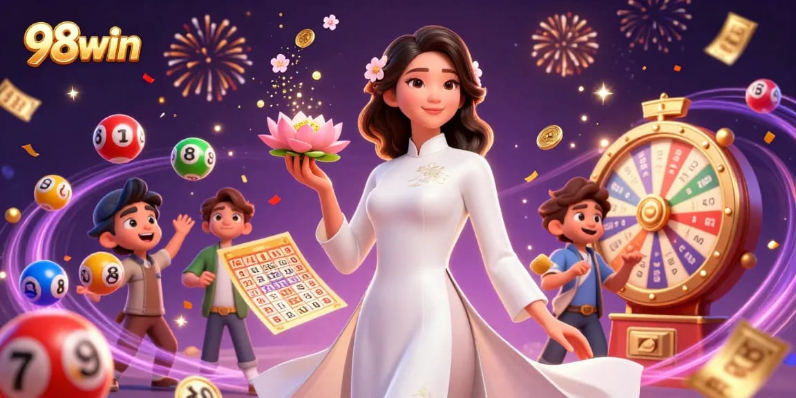 Experience thrilling gameplay at 98win with vibrant lottery balls and golden coins in a lively casino scene.