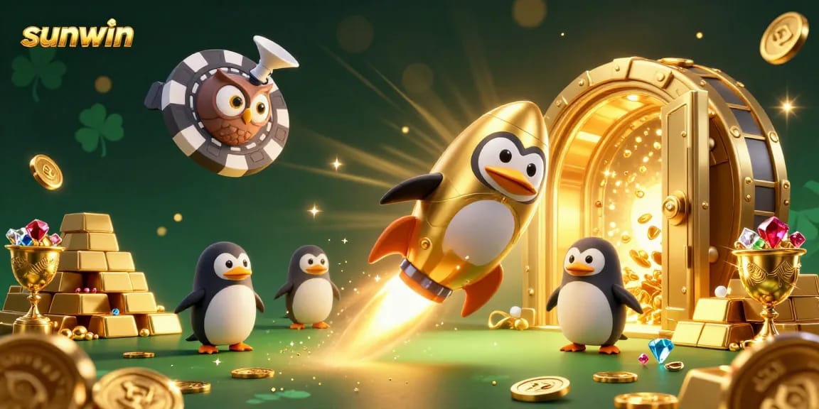 Experience the thrilling sunwin adventure with a golden penguin racing towards a casino chip station!
