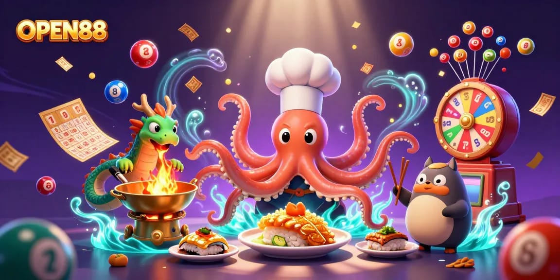 Engage in thrilling gameplay at OPEN88 with a dynamic, cartoon-style illustration capturing casino excitement.