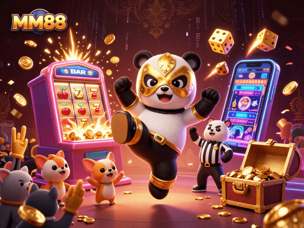 Experience the excitement of MM88 with a panda wrestler, a referee, and thrilling casino games!