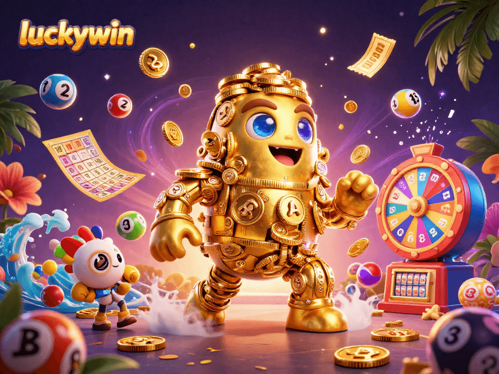 Spin and win at luckywin with a dynamic 3D illustration showcasing exciting casino elements.