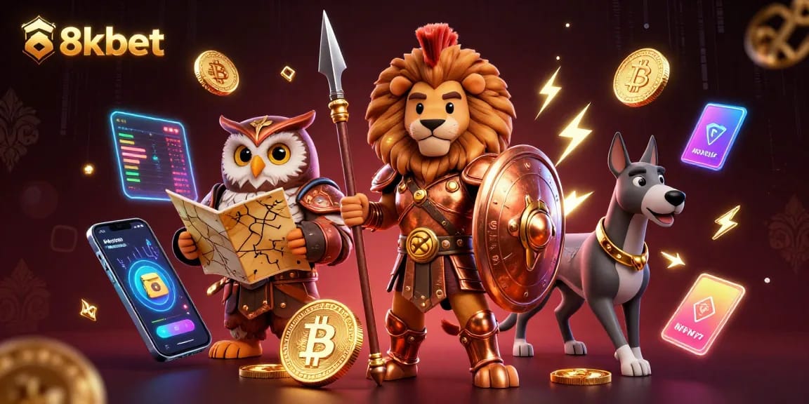Engage with 8xbet’s thrilling casino adventure featuring a Spartan lion, tactical owl, and energetic greyhound amidst dazzling crypto elements.