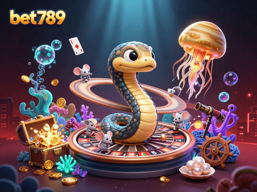 Place bets with bet789 in a cosmic casino scene featuring a roulette wheel and astronaut mice.