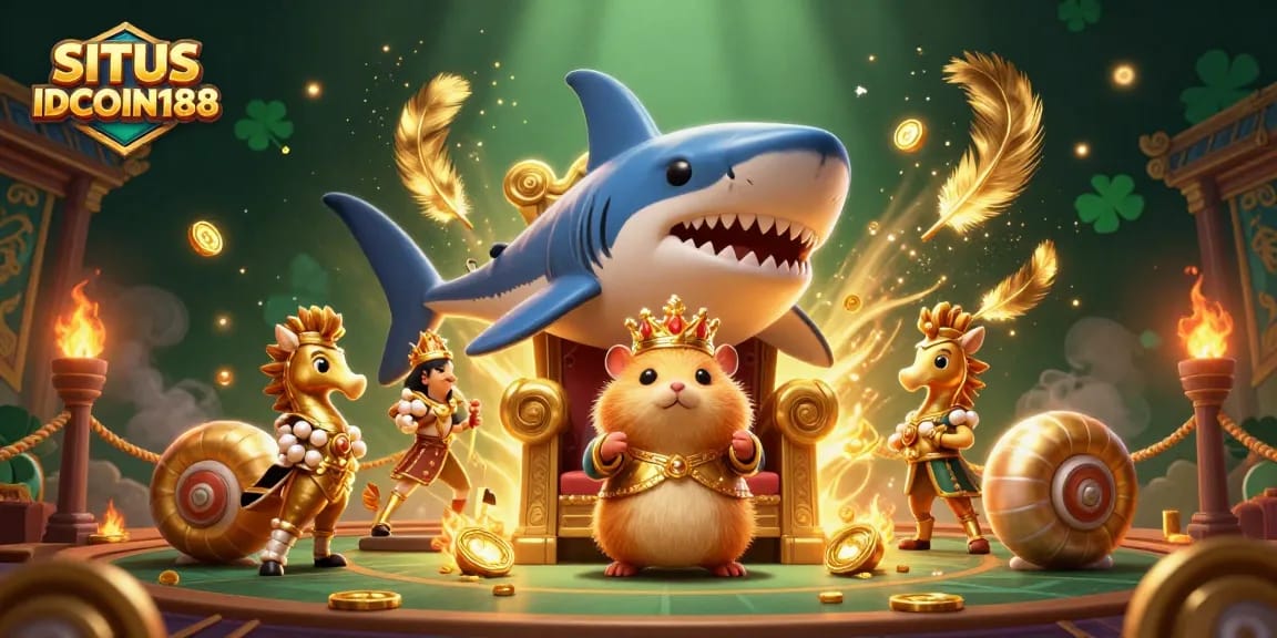 SITUS IDCOIN188 features a golden hamster king on a megalodon throne amidst a vibrant casino scene.