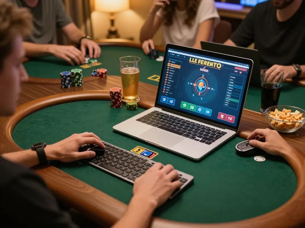 MM88 players engaging in an online poker game while strategizing and enjoying friendly competition