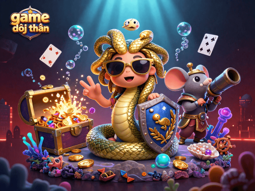Play exciting game đổi thưởng with vibrant scenes filled with gold coins and floating playing cards.
