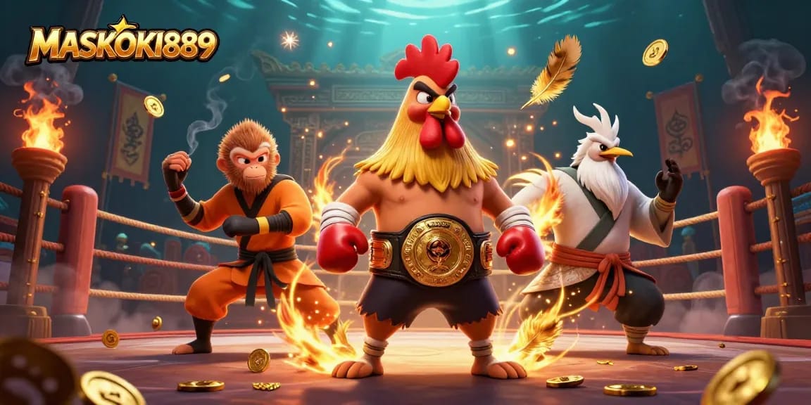 Bet on excitement with MASKOKI889 in a dynamic 3D casino scene showcasing champions and gaming elements.
