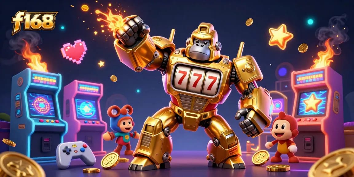 Join the action with f168 as the golden gorilla mech explodes with coins in an exciting casino gaming adventure.