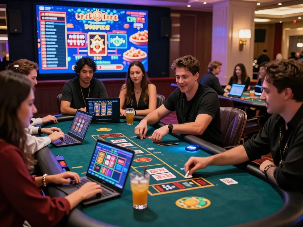 Friends enjoying a lively online casino experience at MM88 with engaging games and vibrant atmosphere.