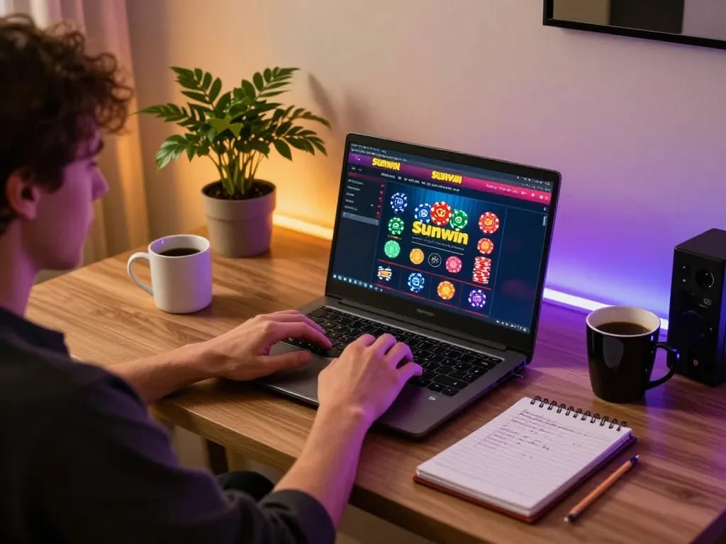 Engaging player focusing on a Sunwin online casino game in a cozy home office.