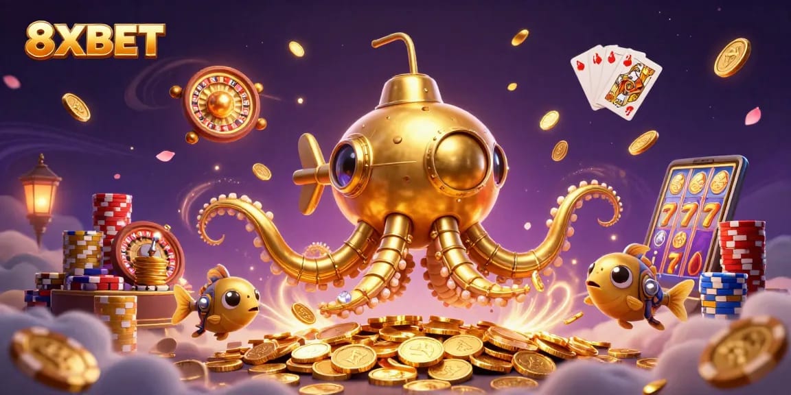 Experience thrilling moments with 8XBET's dynamic gaming scene featuring golden kraken and coins.
