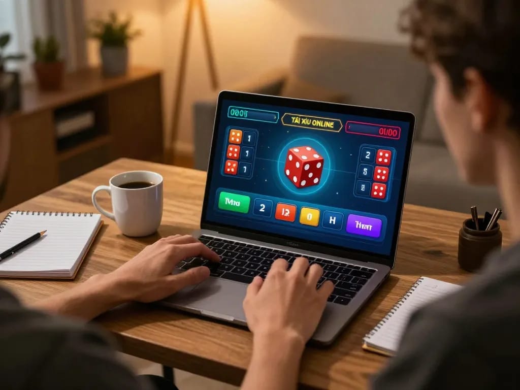 Tai Xiu Online gaming enthusiast analyzing strategies at home with laptop, showcasing engaging gameplay.