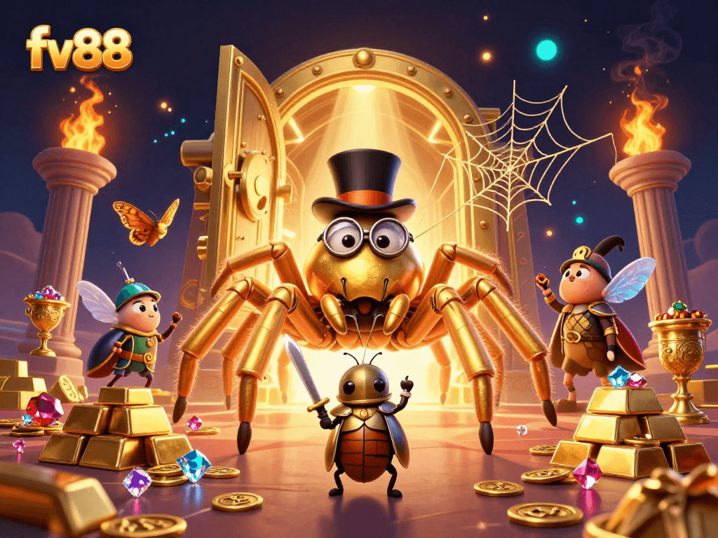 Experience thrills with fv88 as a golden tarantula weaves a casino web surrounded by treasures.