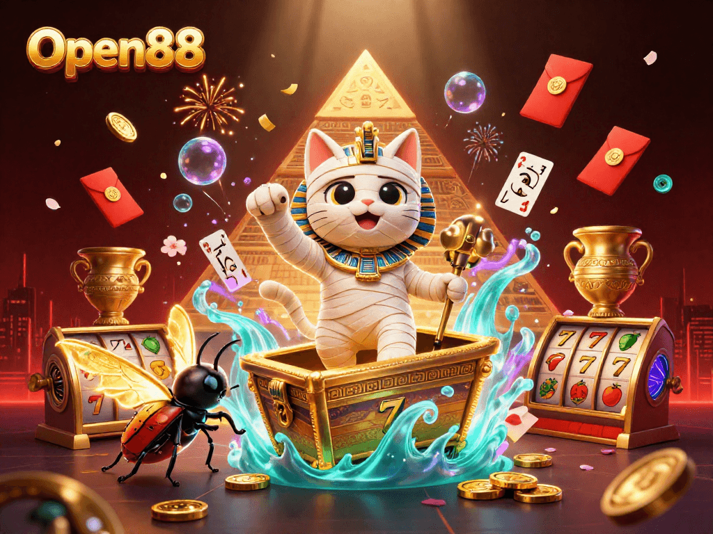 Engage with Open88's exciting 3D pyramid casino scene featuring a mummy cat and golden elements.