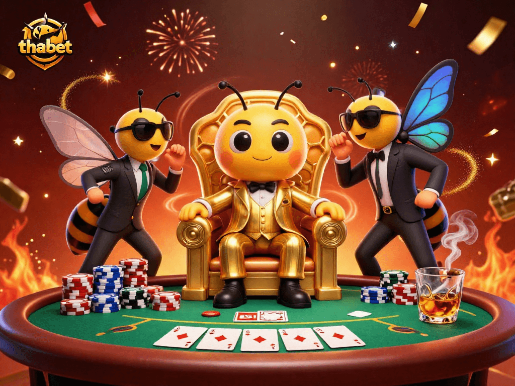Experience thrilling poker action at thabet with a dynamic casino illustration featuring a buzzing bumblebee mob boss.