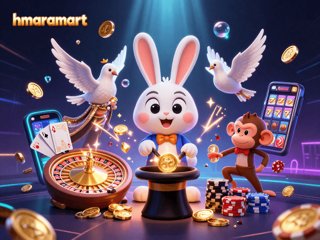 Experience the thrilling magic of hmaramart with 3D characters amidst cascading casino treasures.