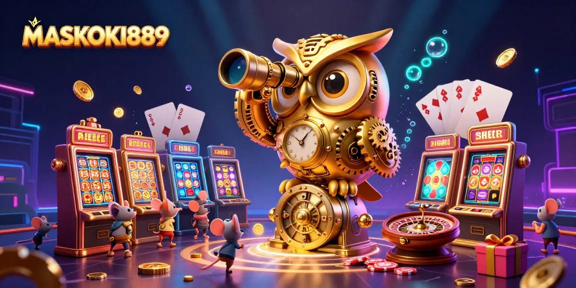 Engage with MASKOKI889 at a vibrant casino with slot machines and coins flying, under dramatic lighting.
