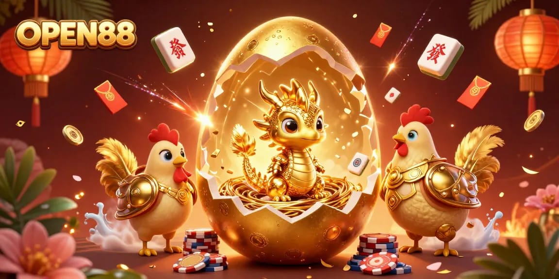 Experience the thrill of OPEN88 with a magical scene of a golden dragon amidst vibrant casino elements.