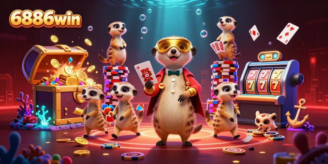 Experience the excitement of 6886win with playful meerkats in an animated casino setting, engaging in thrilling jackpot action.