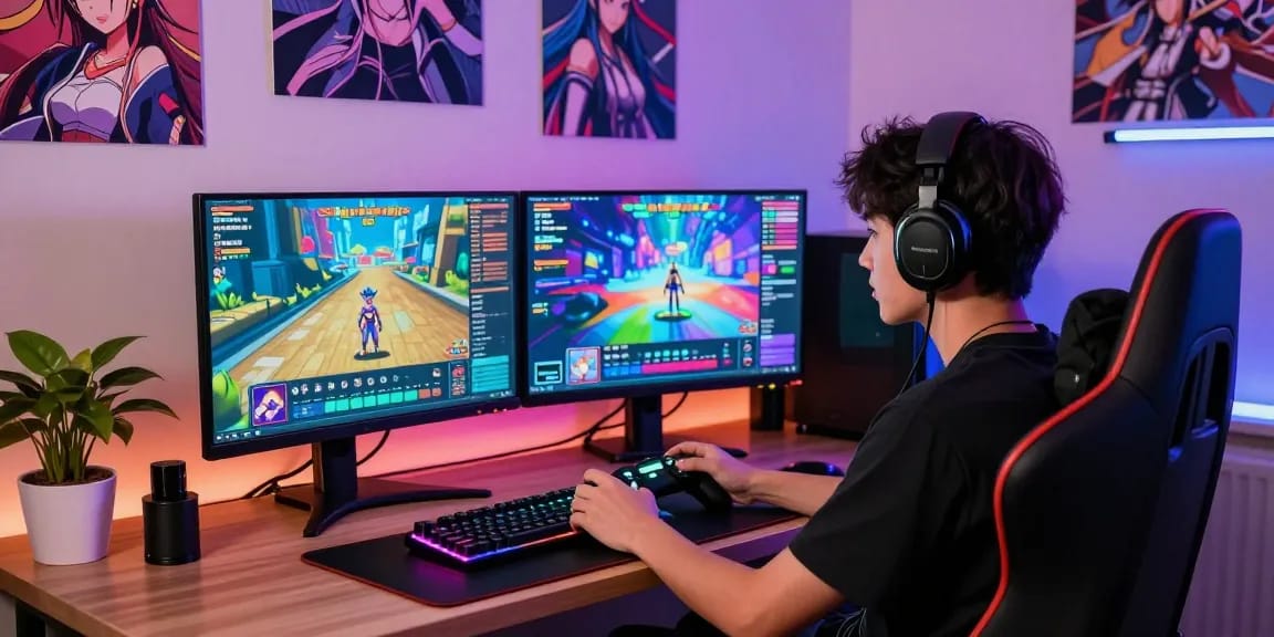Immersive gaming setup showcasing an ecchi simulator experience with colorful graphics and ambient lighting.