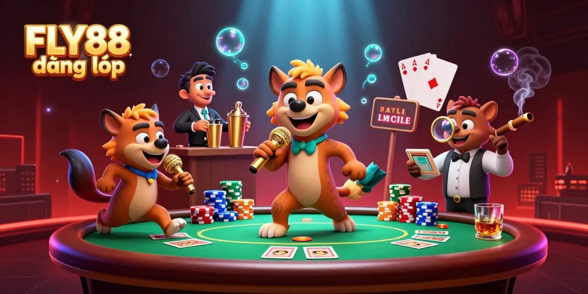 Experience the excitement of FLY88 đăng nhập with this vibrant 3D casino scene filled with engaging characters.