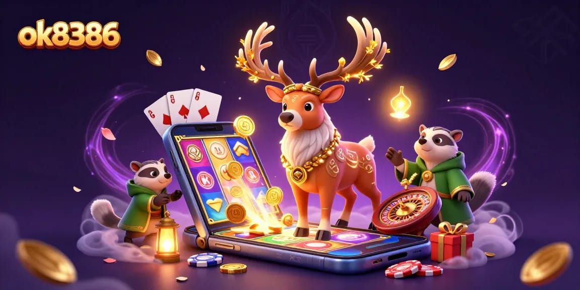 Engage in exciting gameplay with ok8386, featuring a mystical druid stag and golden coins bursting from a smartphone.