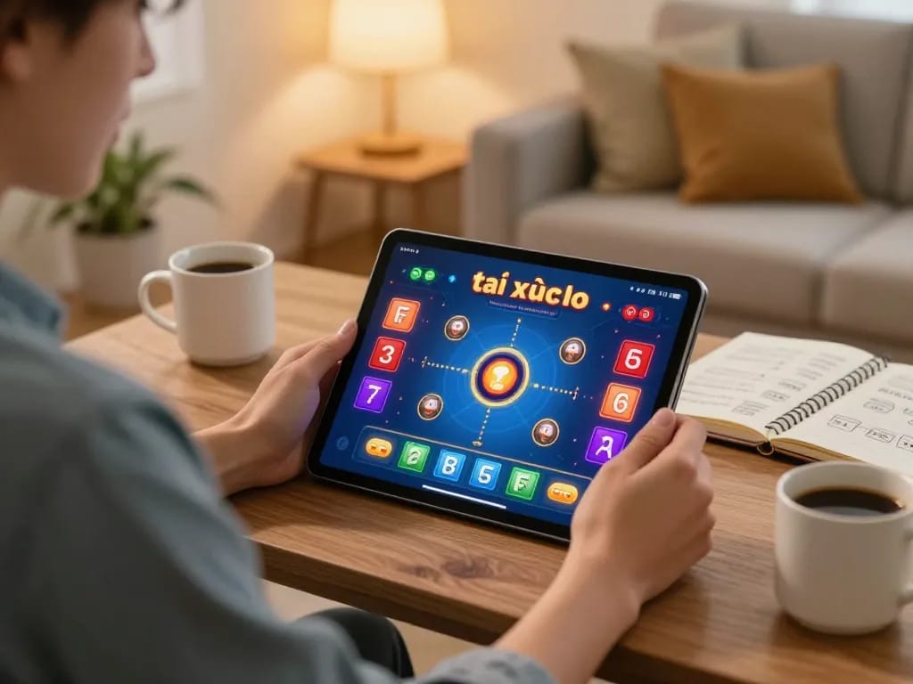 Engaging in an online tài xỉu game on a tablet from a cozy home environment, showcasing strategy and relaxation.