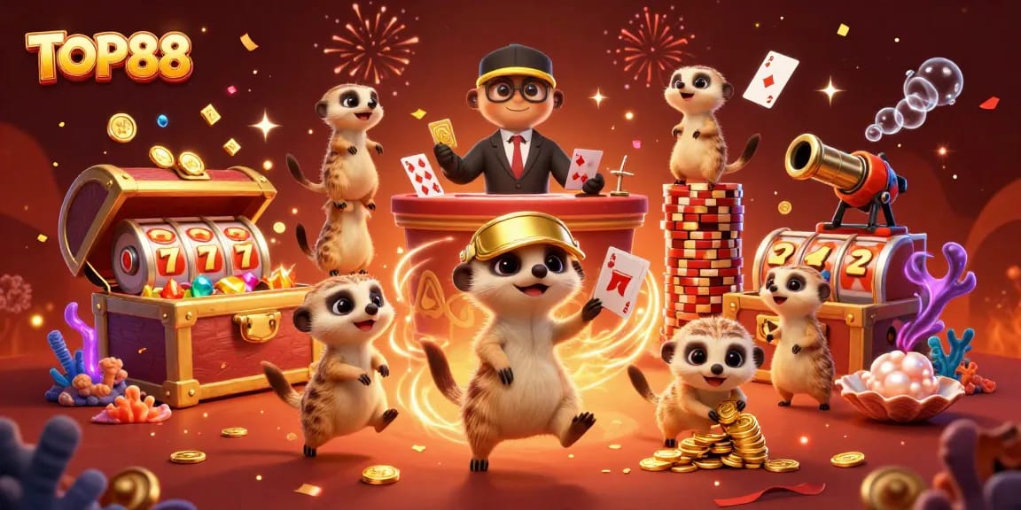 Join the excitement at TOP88 with meerkats leading a vibrant casino adventure, featuring slots galore.