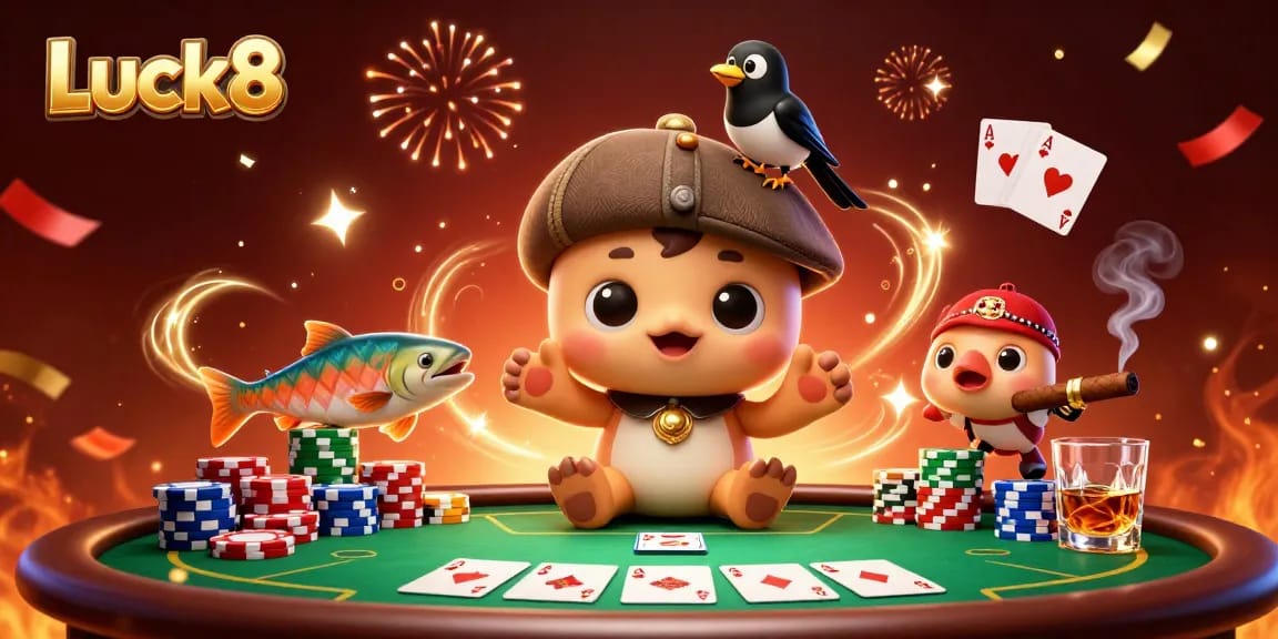 Engage with Luck8 in a vibrant casino scene featuring Nessie, gaming elements, and festive confetti.
