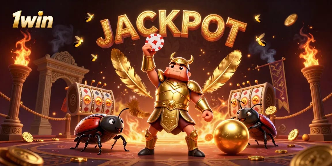 Engage in 1win's competitive atmosphere with a victorious beetle theme illustrating casino excitement.