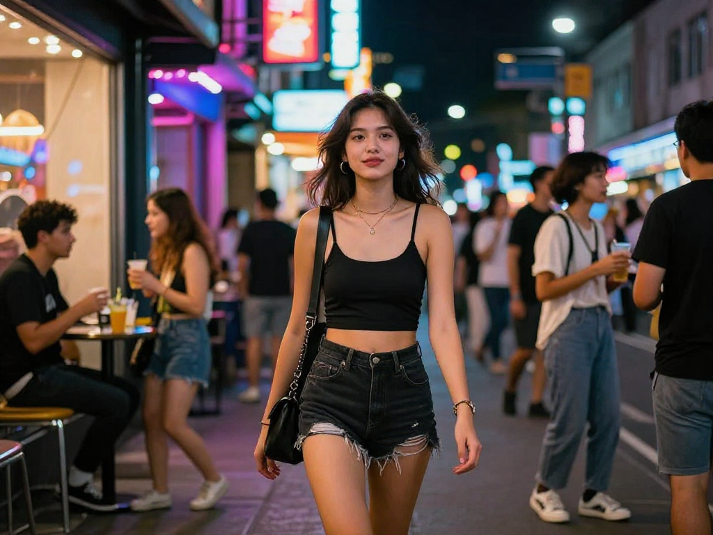 Gái gọi trong không gian sống động của thành phố về đêm với ánh đèn neon.