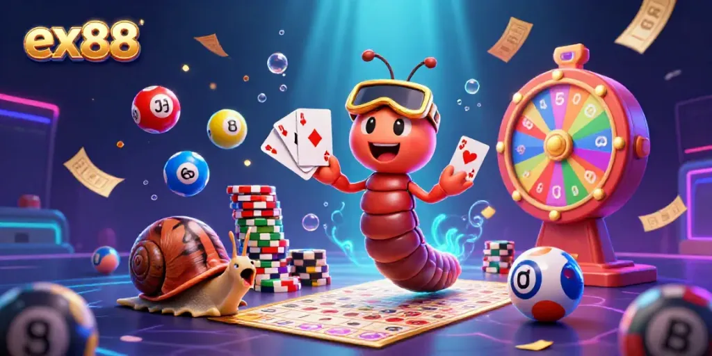 Experience ex88 with a colorful scene of a fun millipede dealer, chip-stacking snail, and excitement in gambling.