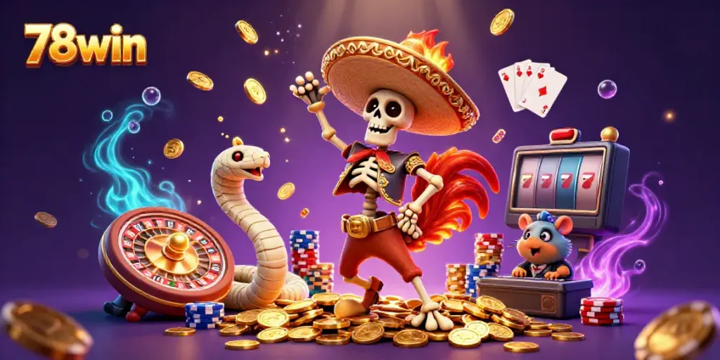 Win big with 78win as a cartoon mariachi rooster celebrates among casino riches.